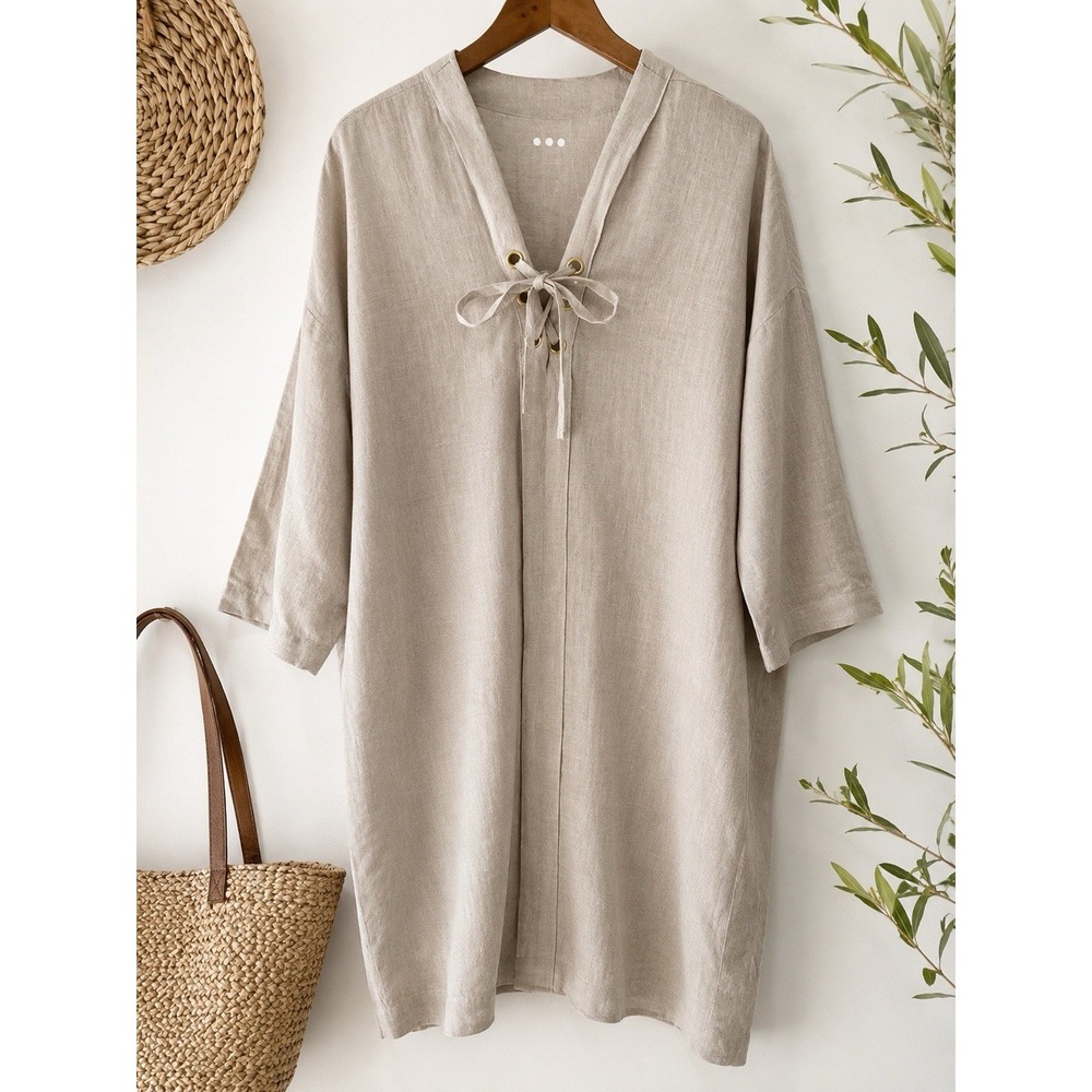 Three Dots 100% Linen Tunic Dress Lace Up Beige Oversized Lagenlook Coastal
